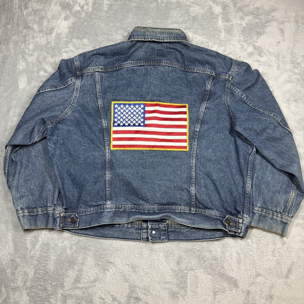 Vintage Lee Riders Jacket Mens XL Denim Trucker USA Flag Patch Distressed 153438